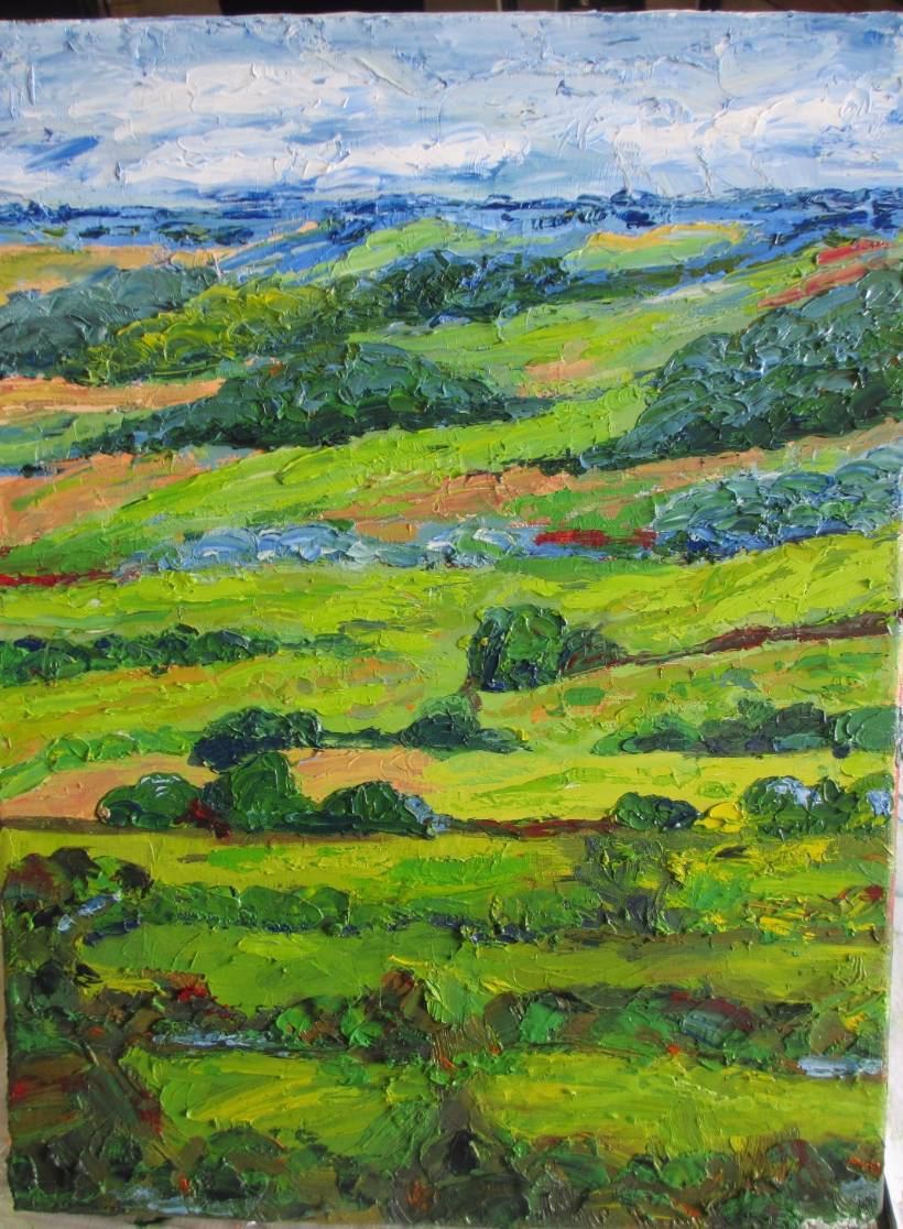 An impasto landscape of rolling green fields