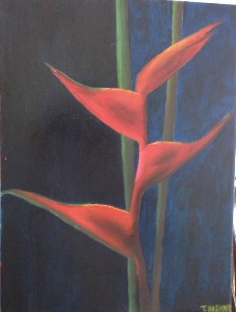An oil painting of a red heliconia flower on a blue ground