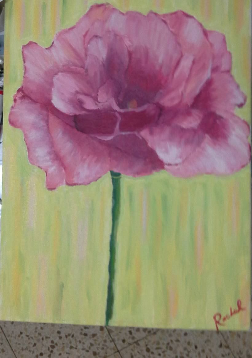 An oil painting of a pink rose on a yellow-green ground