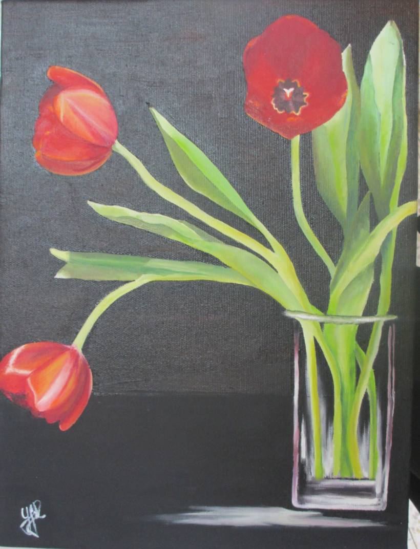 A painting of red tulips in a glass vase