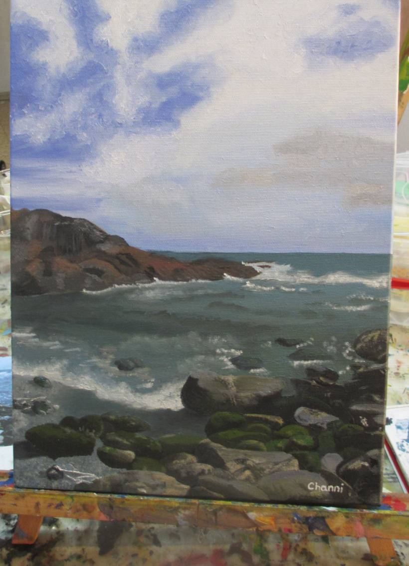 A painting of waves breaking over mossy coastal rocks