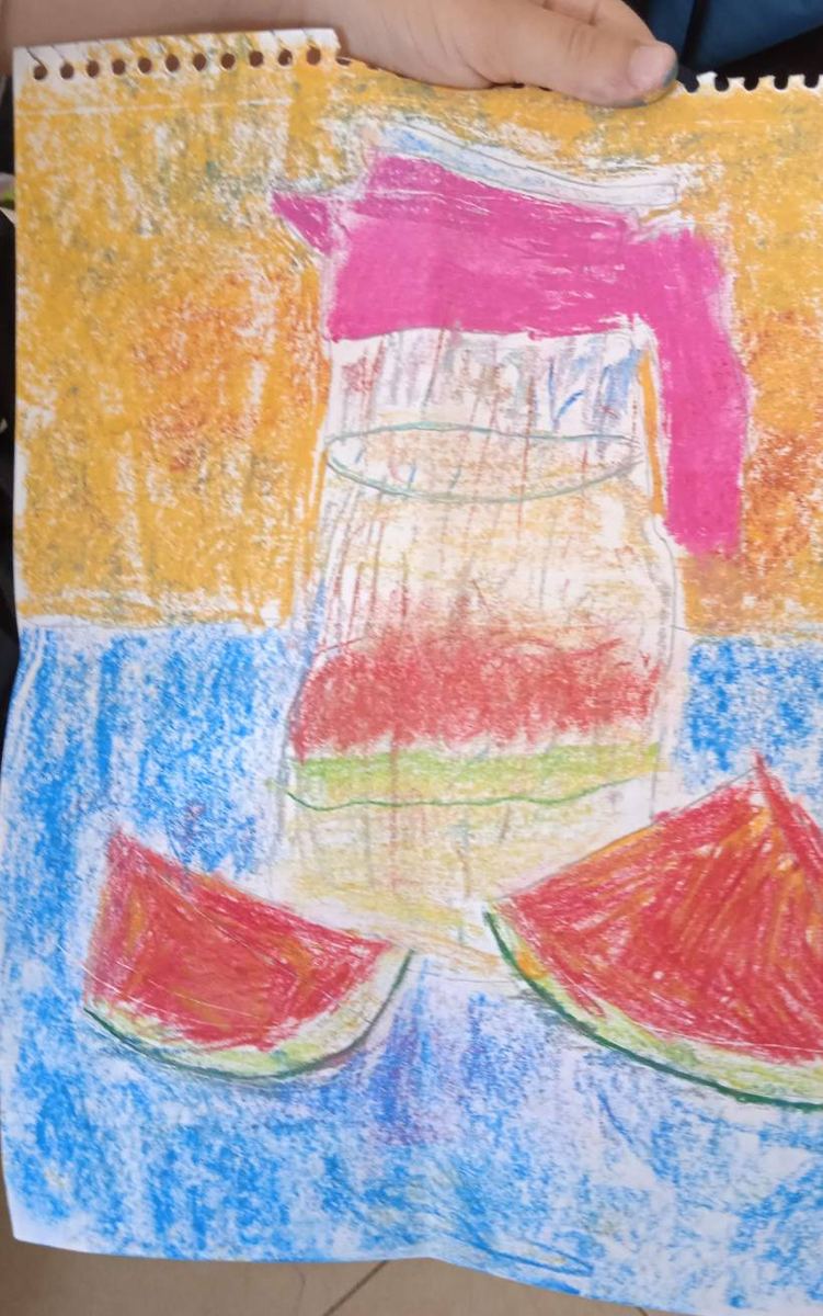 An oil-pastel still life of a jug and watermelon slices