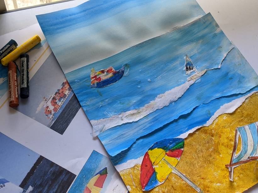A beach-and-boats painting