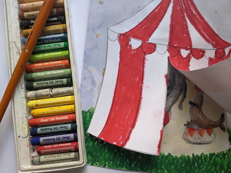 An oil-pastel circus scene