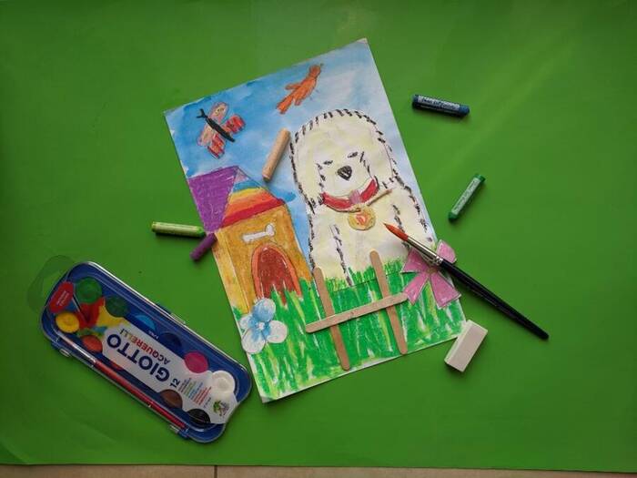 Mixed-media painting of a dog