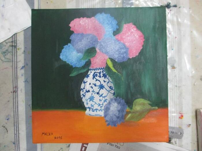 An acrylic painting of hydrangeas in a vase